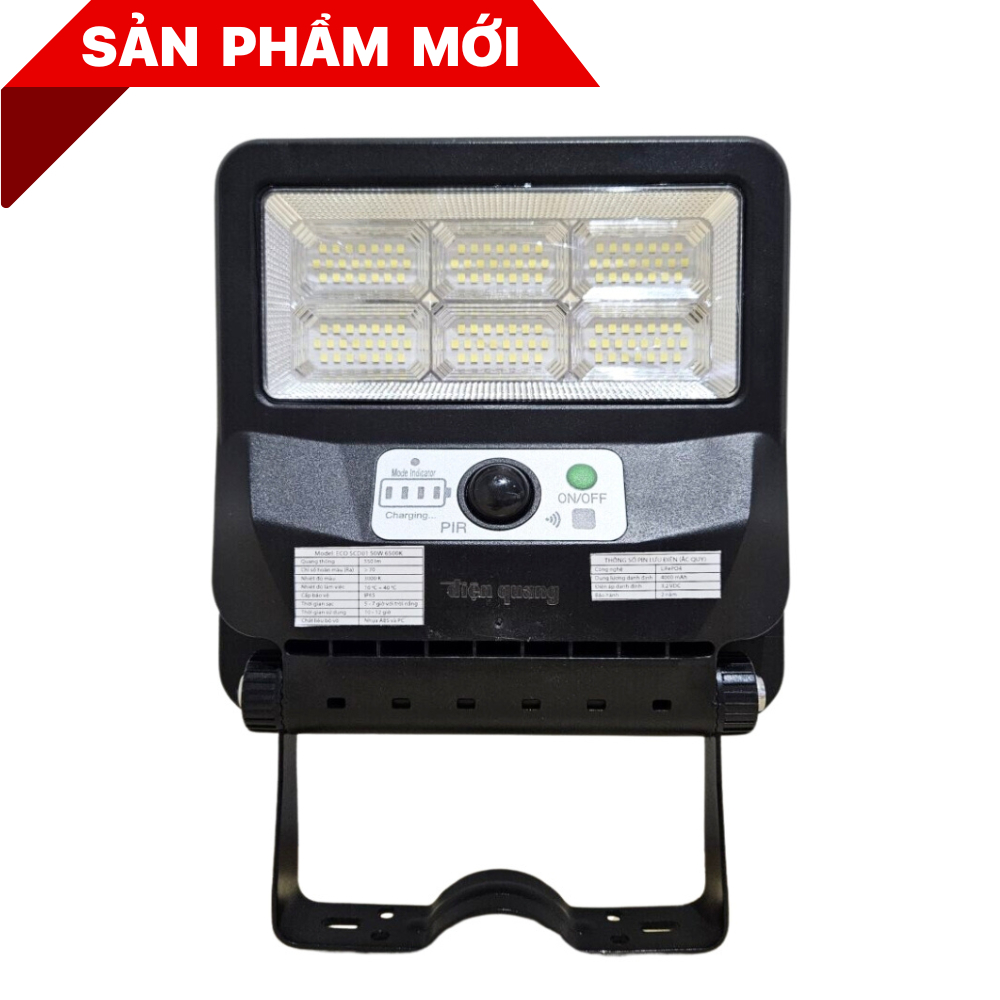 Bộ Đèn Led Solar Lối Đi Cảm Biến Năng Lượng Mặt Trời ECO SCD01 50W 6500K (550lm, cảm biến PIR, IP65, tấm pin tích hợp)