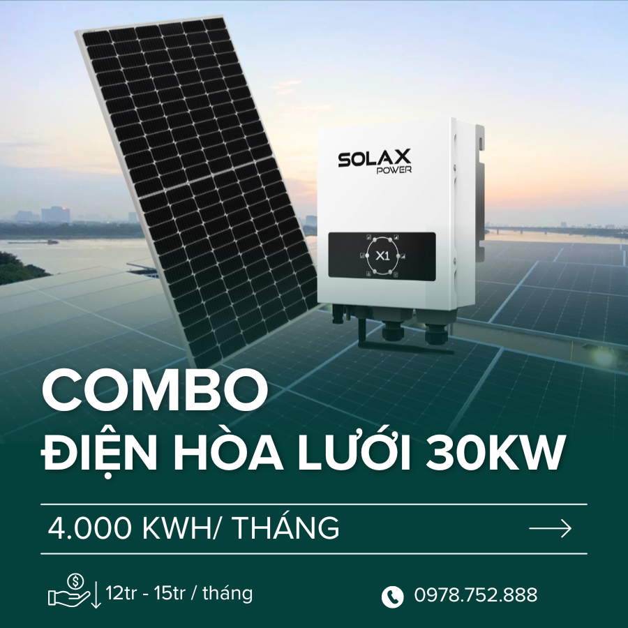 Gói lắp năng lượng mặt trời Hybrid 30kWp, tiết kiệm 12- 15tr tiền điện/tháng